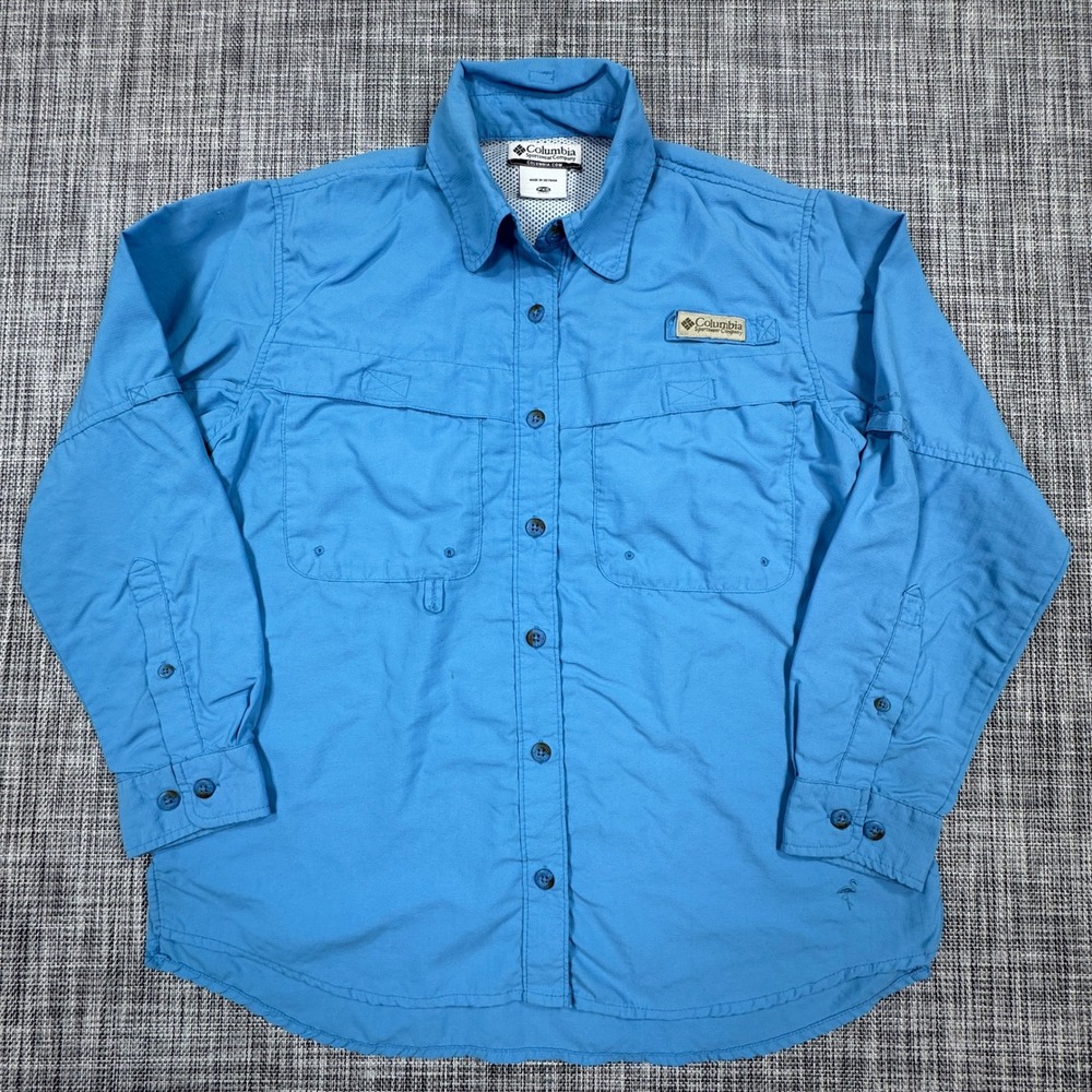 Columbia Womens Petite XS Blue Nylon Vented Long Sleeve Button Up Fishing Shirt